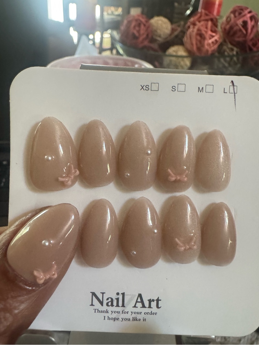Neutral Blush Press-On Nails with Tiny Bow Accent (Short Almond Shape)